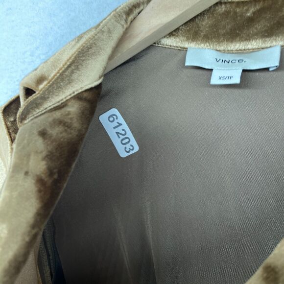 VINCE Top Womens XS Shiny Silk Velvet Shirt Button Front Long Sleeve Gold - Picture 13 of 13